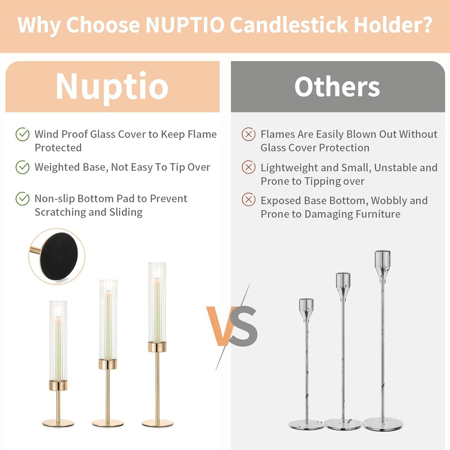 NUPTIO Hurricane Candle Holder for Centerpiece: Set of 6 Tall Candle Stick Holder with Ribbed Glass Cover - Bulk Fluted Taper Candlestick Decor for Living Room Thanksgiving Christmas