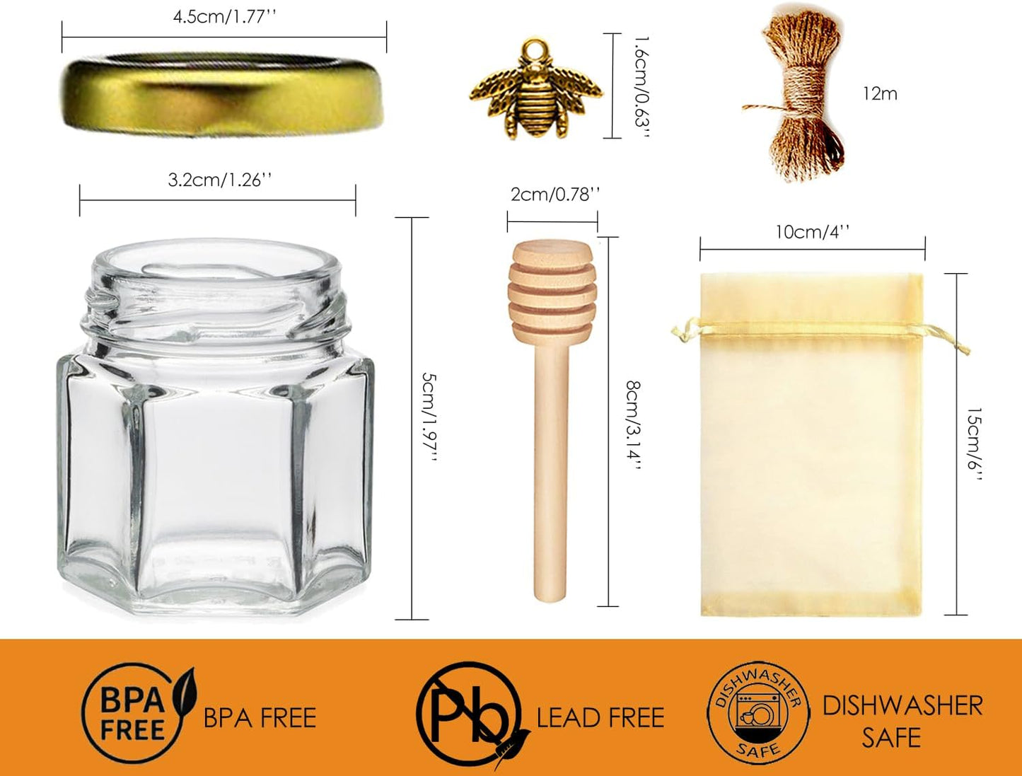 Honey Pot, Glass Honey Jars, Small Honey Jars with Wooden Dippers, Bee Charms, Gold Gift Bags and Jutes Lids, Mini Honey Jars Baby Shower Favors, 1.5oz 40 Pack