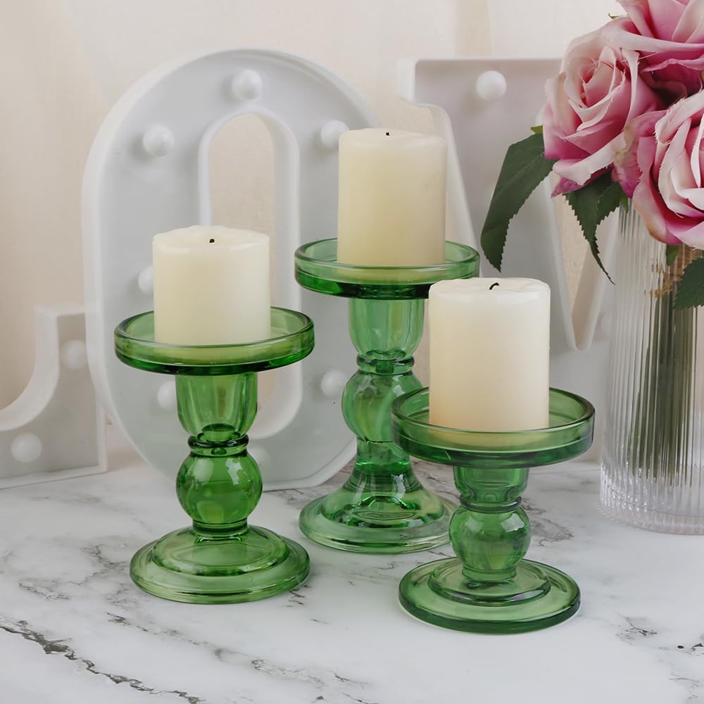 6-Piece Set of Green Glass Candlestick, Crystal Candlestick Holder Holder and Conical Candle, Christmas Candle Holder Decoration, Family Living Room Wedding Candle Holder (green2sets)