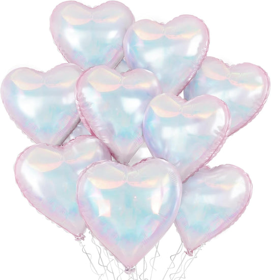 Iridescent Heart Balloons, 18 Inch Iridescent Holographic Heart Shape Balloon, 9PCS Clear Heart Balloon for Birthday Baby Shower Mermaid Rainbow Wedding Party Decorations
