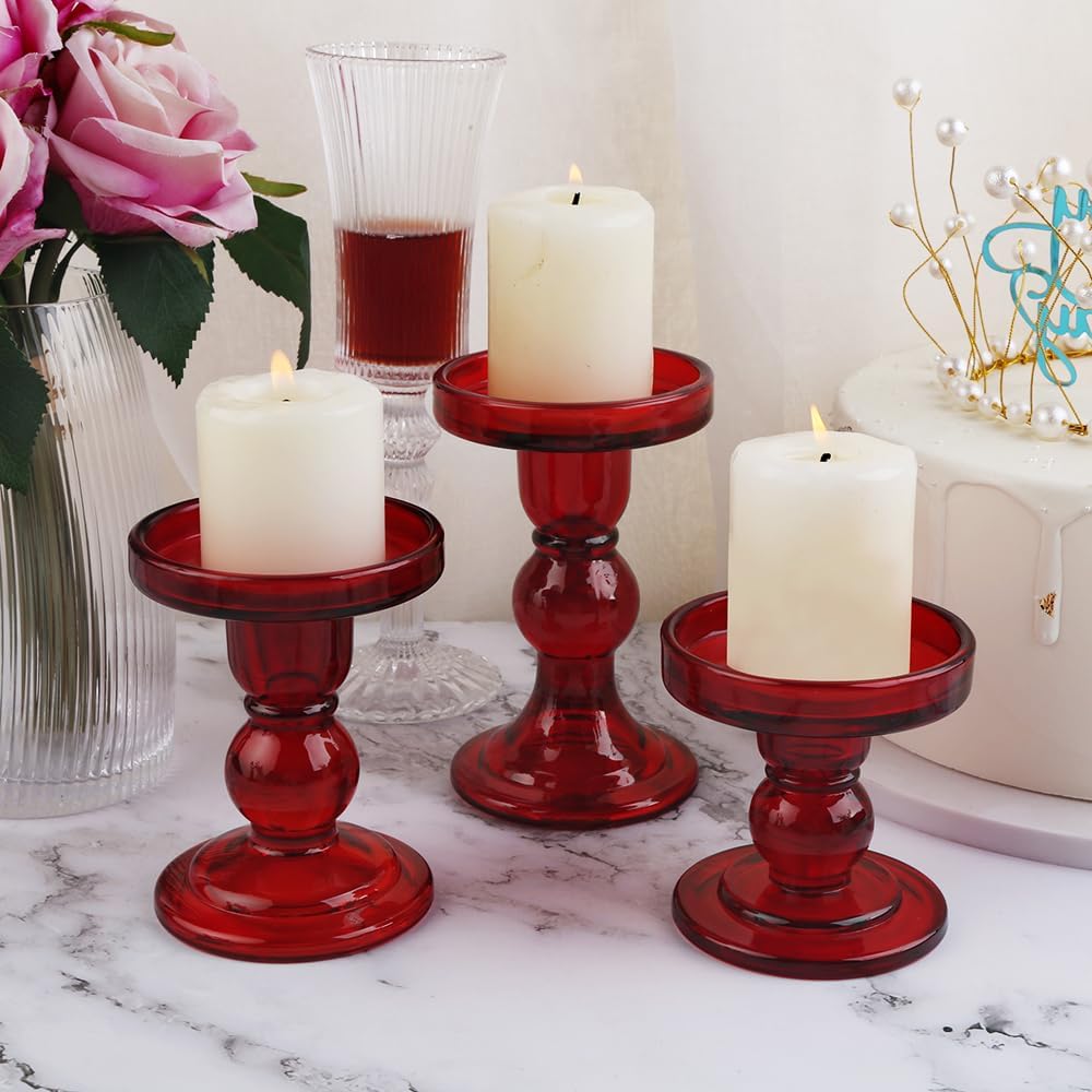 3-Piece Set of Red Glass Candlestick, Crystal Candlestick Holder Holder and Conical Candle, Christmas Candle Holder Decoration, Family Living Room Wedding Candle Holder (red1set)