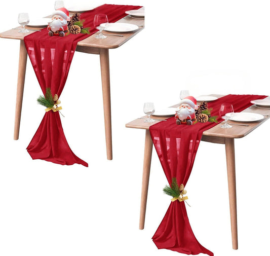 2 Pack 10Ft Red Chiffon Table Runner Sheer 29x120 Inch for Romantic Wedding Decor Bridal & Baby Shower Birthday Rustic Party Decoration