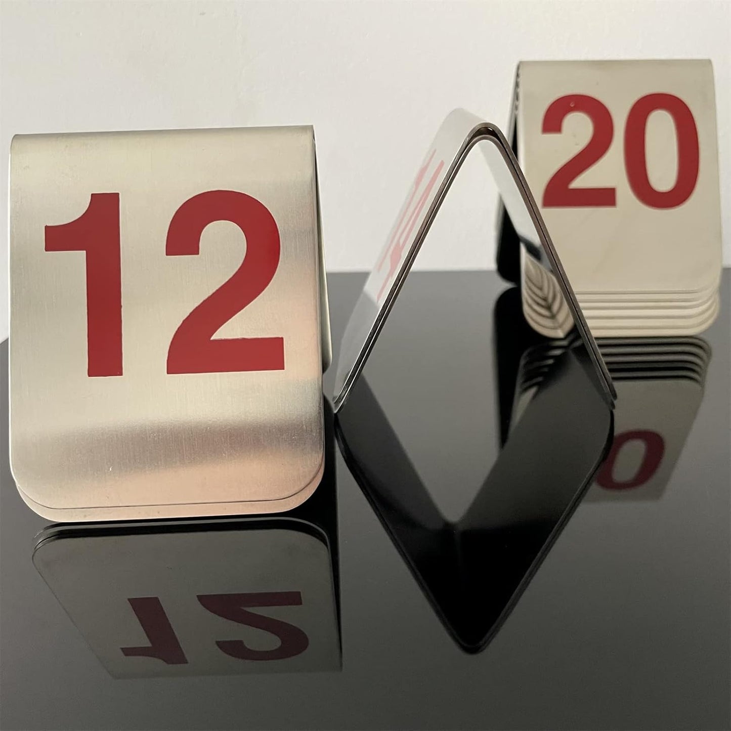 10 Pcs Metal Place Cards Stackable Tent Style Table Numbers，Place Card Holders for Celebration Wedding Party Restaurants Cafes Bars Gatherings meeting Room Board Game Serial (Medium 11-20, Red)