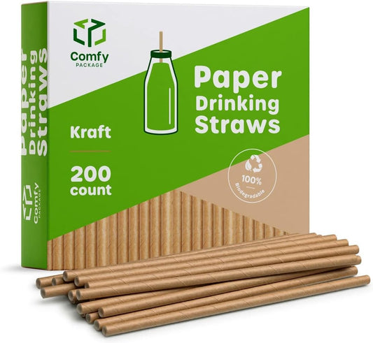 Comfy Package [200 Pack] Kraft Paper Straws, 100% Biodegradable & Ink-free, Straws for drinking and Crafts - Kraft