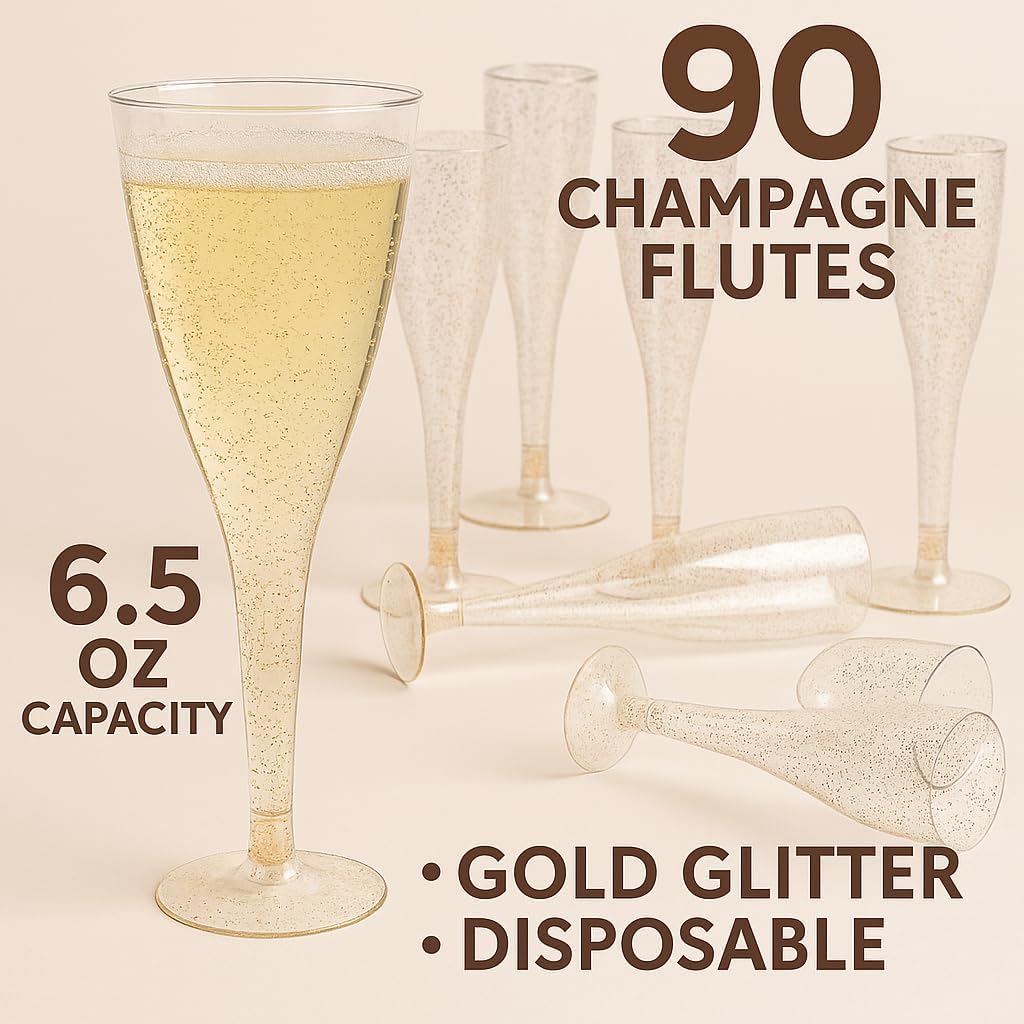 Oojami 90 Plastic 6.5 oz Disposable Champagne Flutes Ideal for Toasting, Wedding, Birthday, Baby Showers, Retirement, Celebration, Mimosa, Cocktails, Engagements, Birthday, Parties (Gold Glitter)