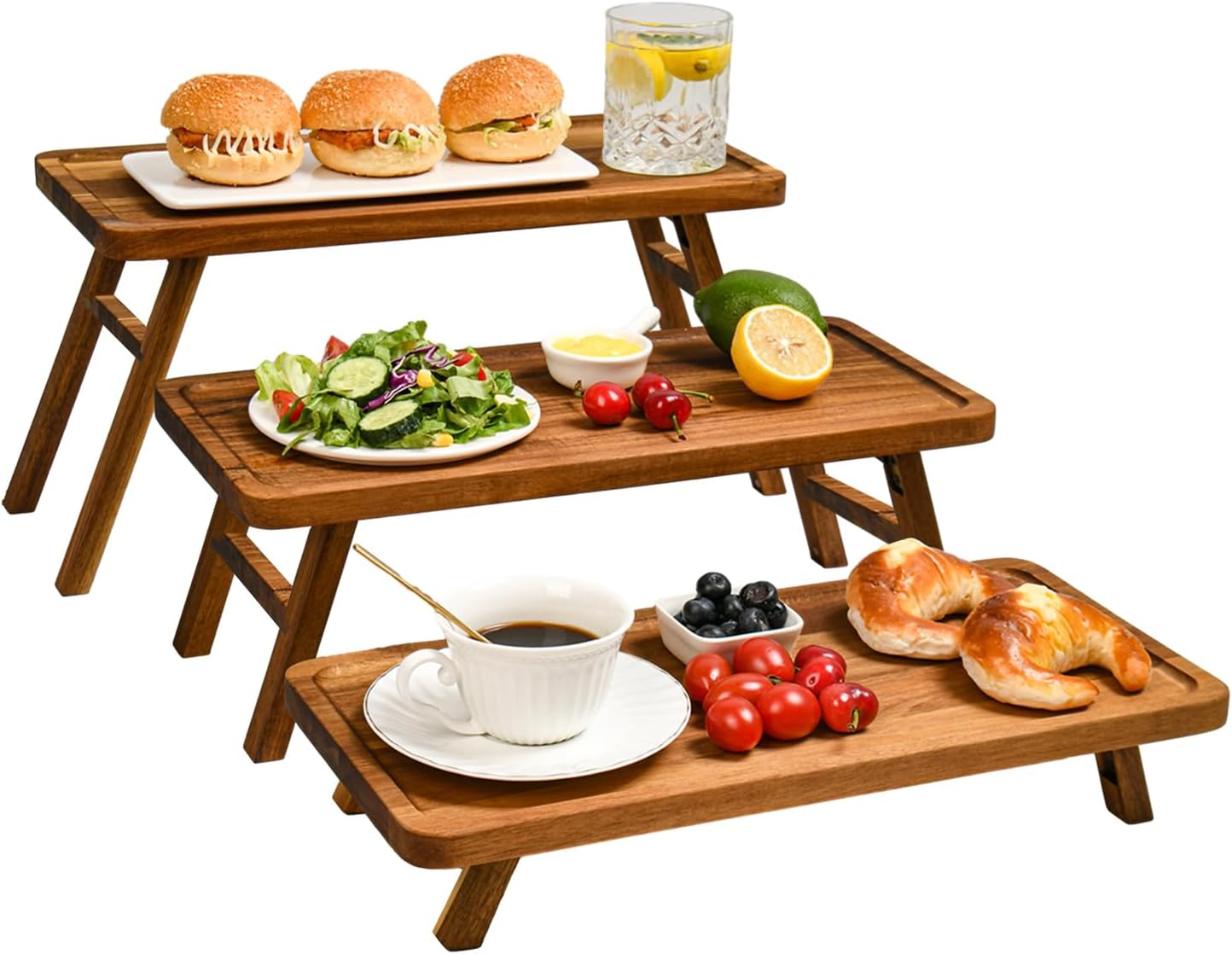 GEHE 3 Tier Serving Stand, Acacia Wood Dessert Table Display Cupcake Stand, Rustic Foldable 3-Tiered Serving Trays & Platters, Large Charcuterie Board for Birthday Wedding Bridal Shower Tea Party