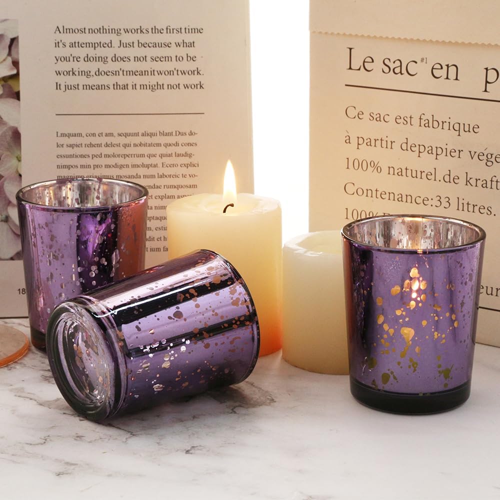 Purple Mercury Glass Tea Light Holders Set of 36 - Elegant Votive Candle Holders for Weddings, Showers and Home Decor - Perfect for Table Centerpieces and Parties (Glass, Purple)
