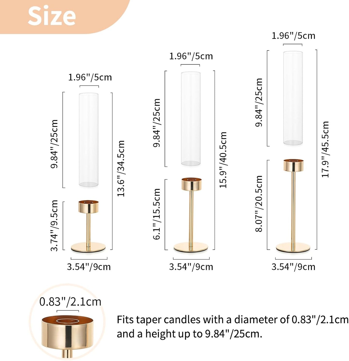 NUPTIO Hurricane Candle Holder for Candlestick: 6 Pcs Gold Taper Candlestick Holders - Tall Modern Candles Stick Decor with Cylinder Shape Cover for Dinner Table Centerpiece