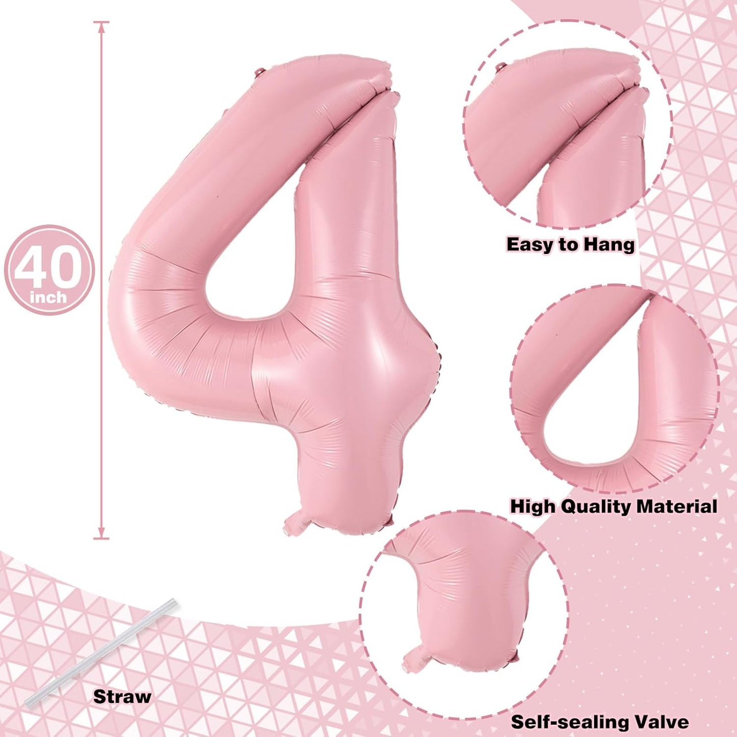 Large Pastel Pink 14 Balloon Number Set, Foil Number 1 & 4, 40 Inch Mylar Self Inflating Light Pink 14 Balloons for Girls 14th Birthday Party Decor
