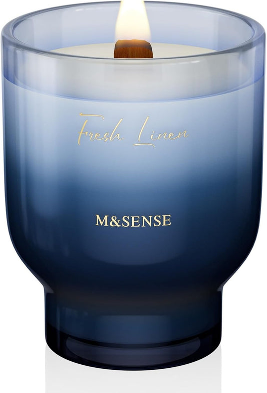 M&SENSE 16.6oz Natural Soy Large Jar Candle with Wooden Wick | Fresh Linen Scent | 95-Hour Burn & Long-Lasting Burn | Housewarming Gift for Men and Women