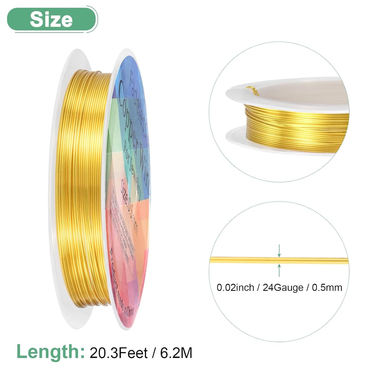 0.5 mm/24 Gauge Copper Wire for Jewelry Making, 20.3FT Copper Beading Craft Wire for Jewelry/Weaving/DIY Crafting/Planting, Color-Retaining [6.2M, Gold Tone]