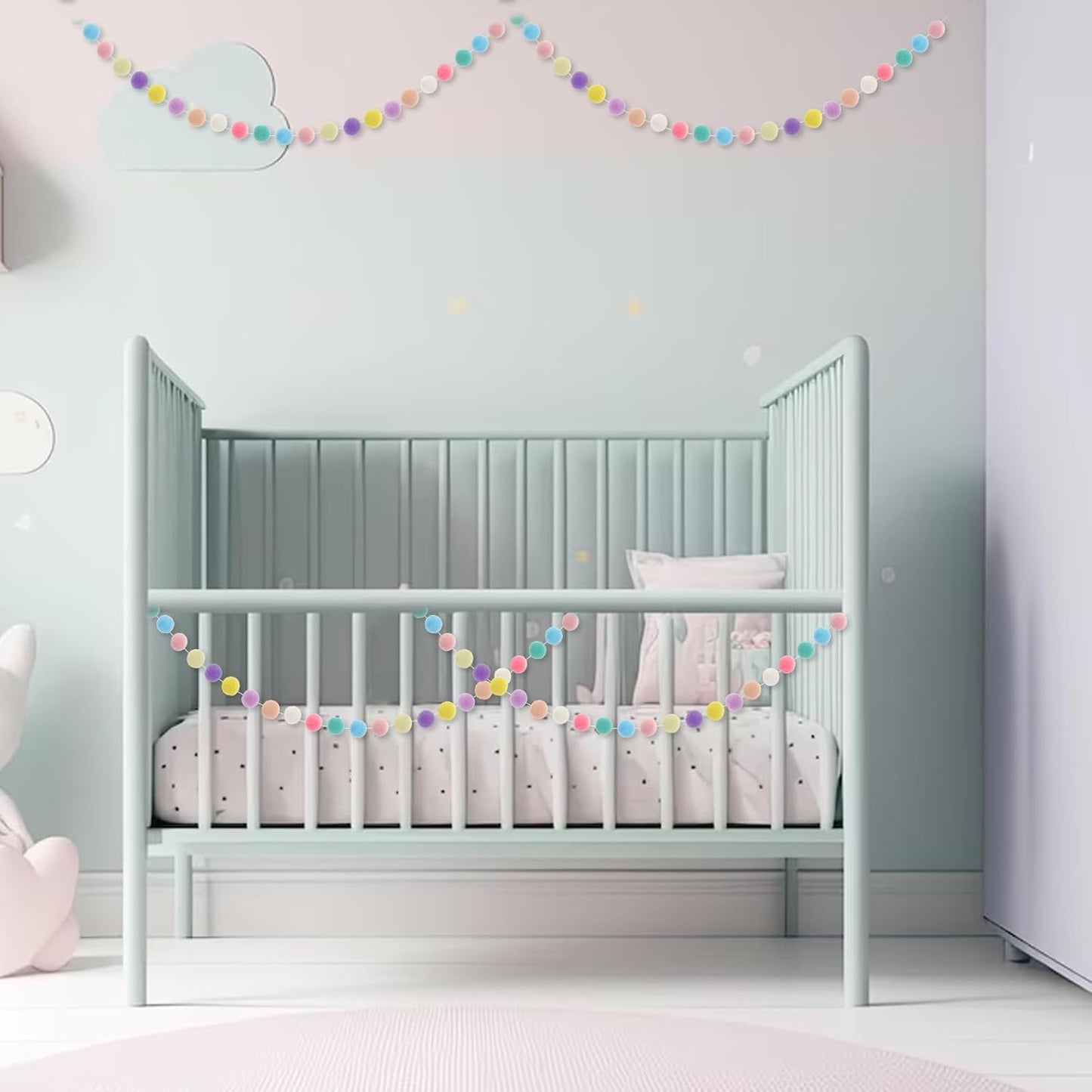 2 Pcs Pom Pom Garland 9.8 Feet 30 Balls Felt Ball Garland Pastel Ball Banner Cute Pompom Decorative Garland Rainbow Colorful Ball Ornament Garland for Wall Christmas Tree Decoration(10 Macaron Colors)