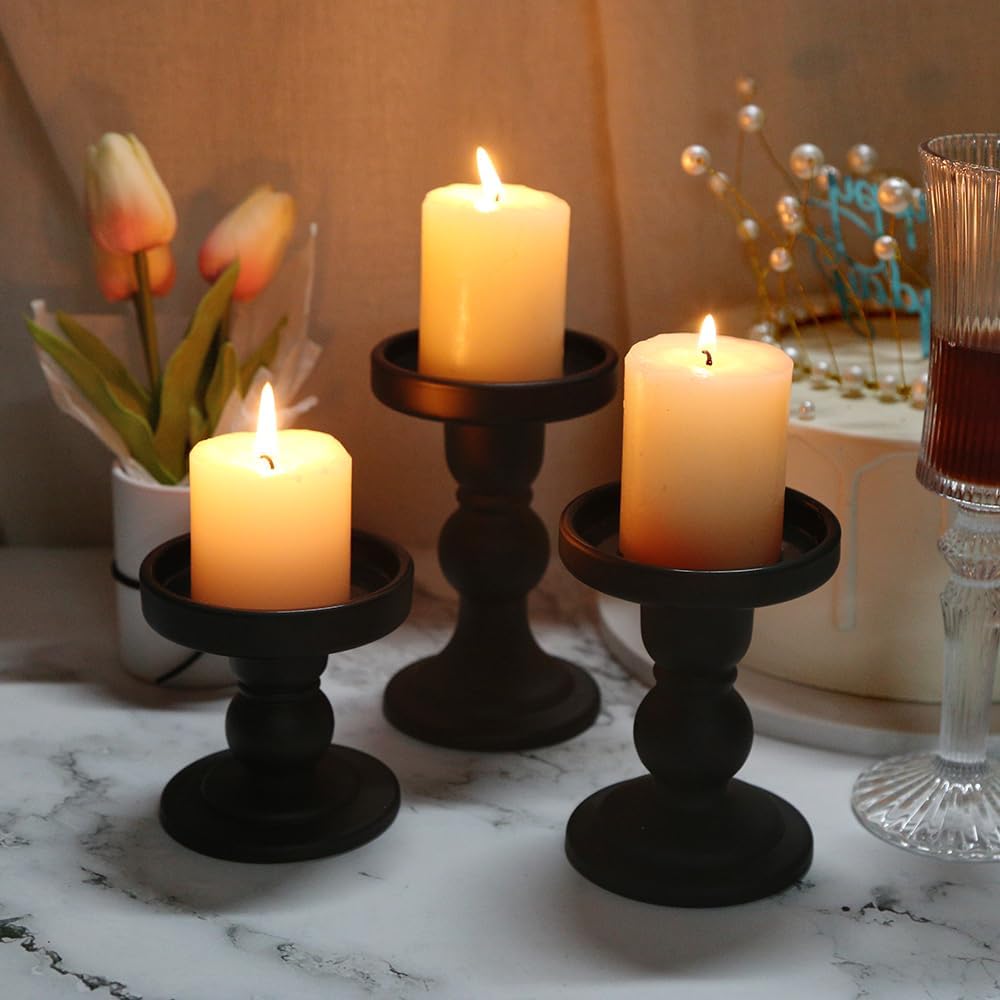 3-Piece Set of Black Glass Candlestick, Crystal Candlestick Holder Holder and Conical Candle, Christmas Candle Holder Decoration, Family Living Room Wedding Candle Holder (black1set)
