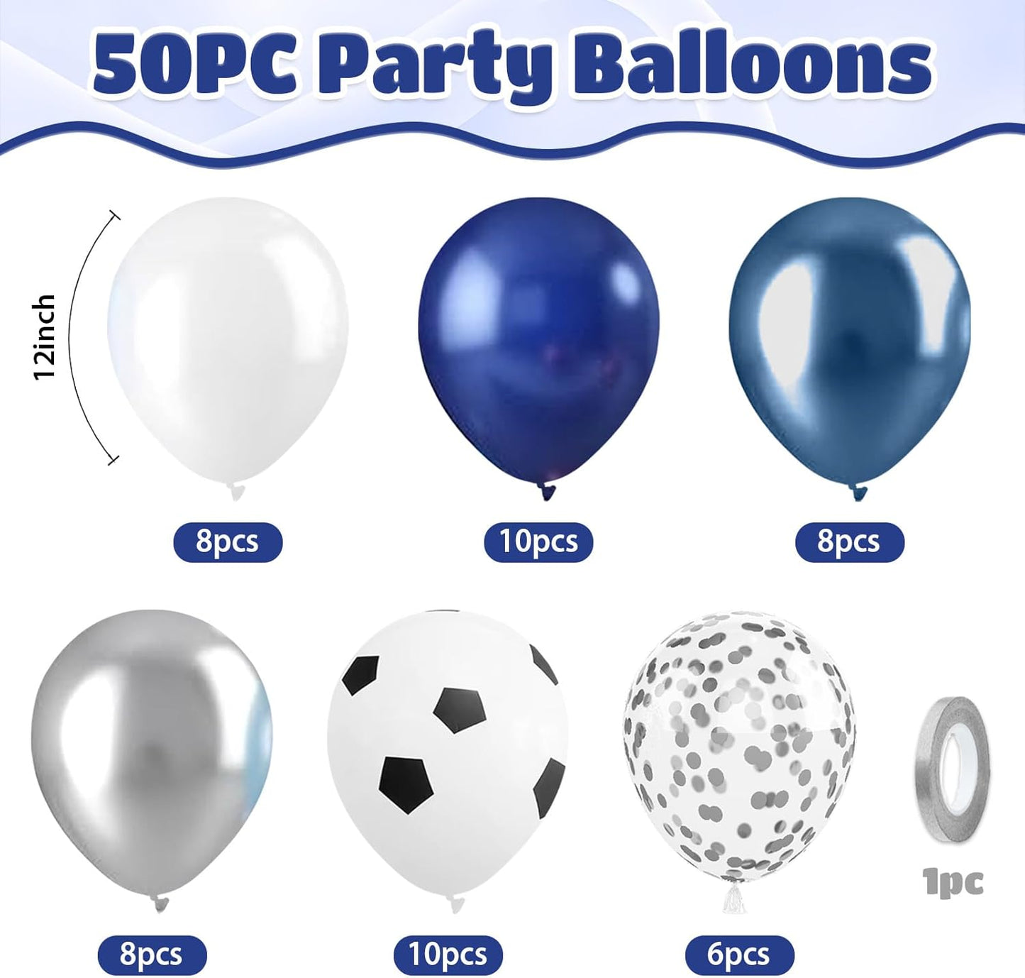 Soccer Balloons, 50pcs Metallic Blue Silver Balloons, White Pearl Navy Blue Balloon, Silver Confetti Balloon For Boys Men Birthday Baby Shower Soccer Football Theme Party Wedding Anniversary Decor