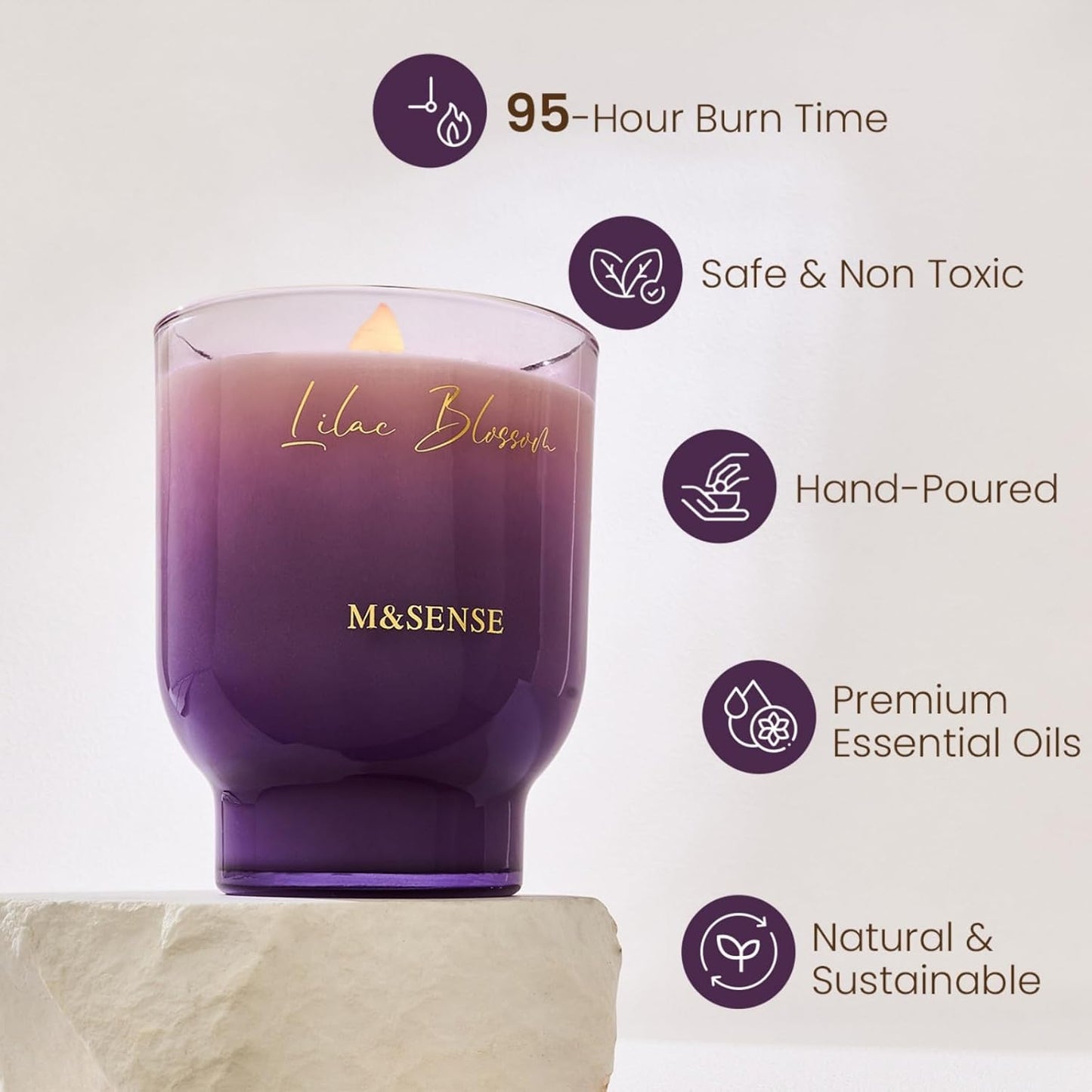 M&SENSE 16.6oz Natural Soy Large Jar Candle with Wooden Wick | Lilac Blossom Scent | 95-Hour Burn & Long-Lasting Burn | Housewarming Gift for Men and Women