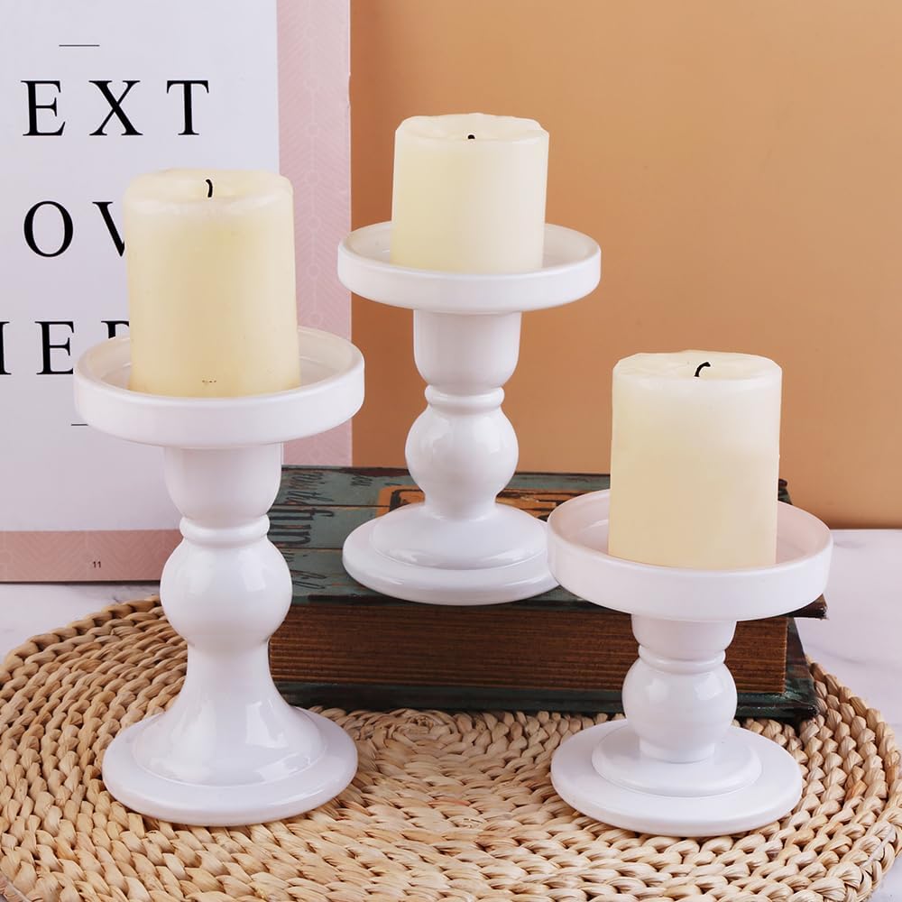 3-Piece Set of White Glass Candlestick, Crystal Candlestick Holder Holder and Conical Candle, Christmas Candle Holder Decoration, Family Living Room Wedding Candle Holder (white1set)
