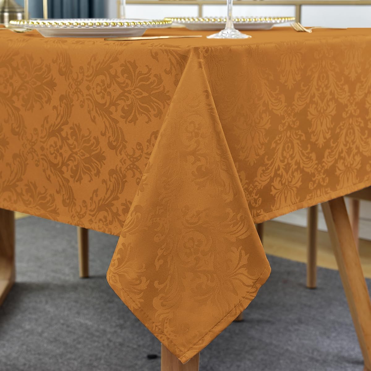 SASTYBALE Fall Tablecloth Rectangle 60 x 120 Inch, Spill Proof Wrinkle Free Autumn Jacquard Damask Table Cloth, Reusable Polyester Table Cover for Thanksgiving, Harvest, Holiday, Brown/Amber