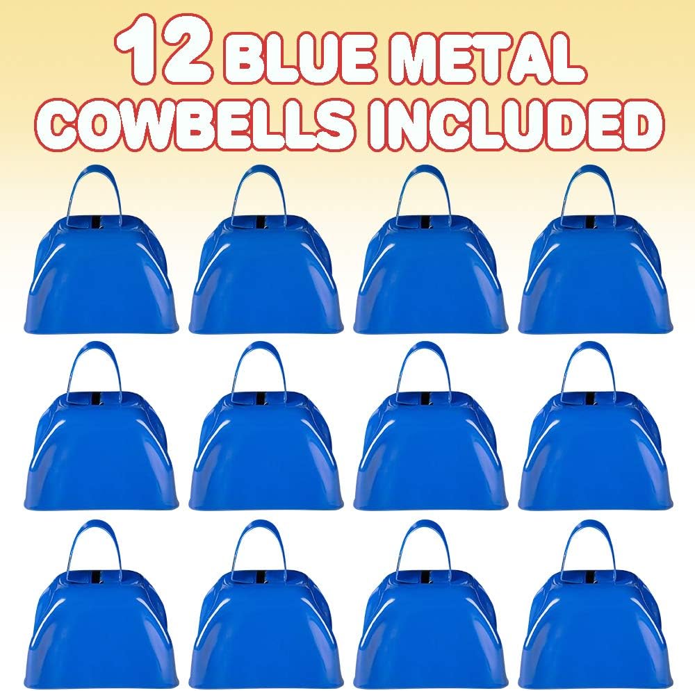 ArtCreativity 3 Inch Blue Metal Cowbell Noisemakers (Pack of 12) Loud Metal Cowbell Noise Makers Party Favors with Handles, Great for Football Games, Sporting Events, for Kids and Adults