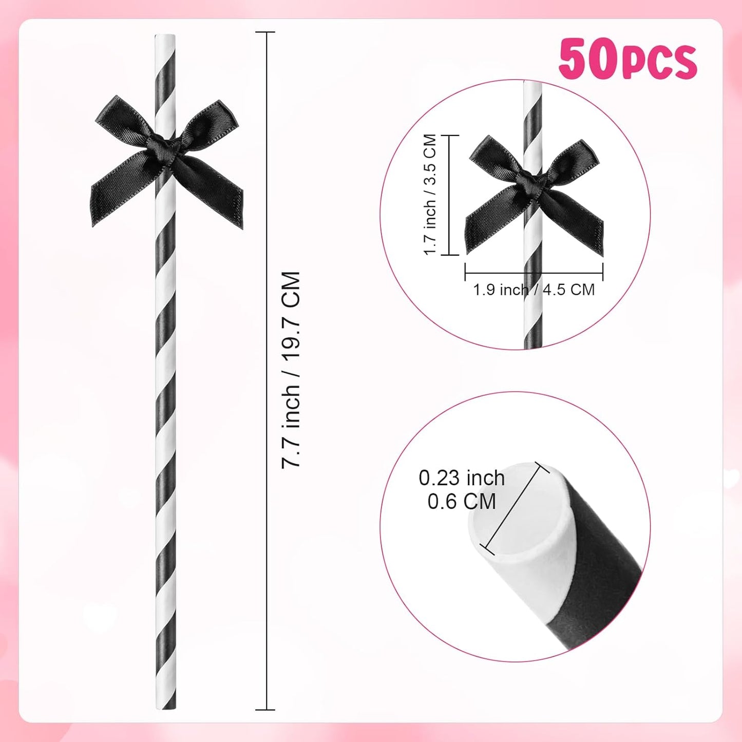 50 Pcs Black Bow Paper Straws for Drinking, Black and White Striped Straw Bulk Disposable Bachelorette Party Supplies for Wedding Birthday Baby Shower Party Decorations