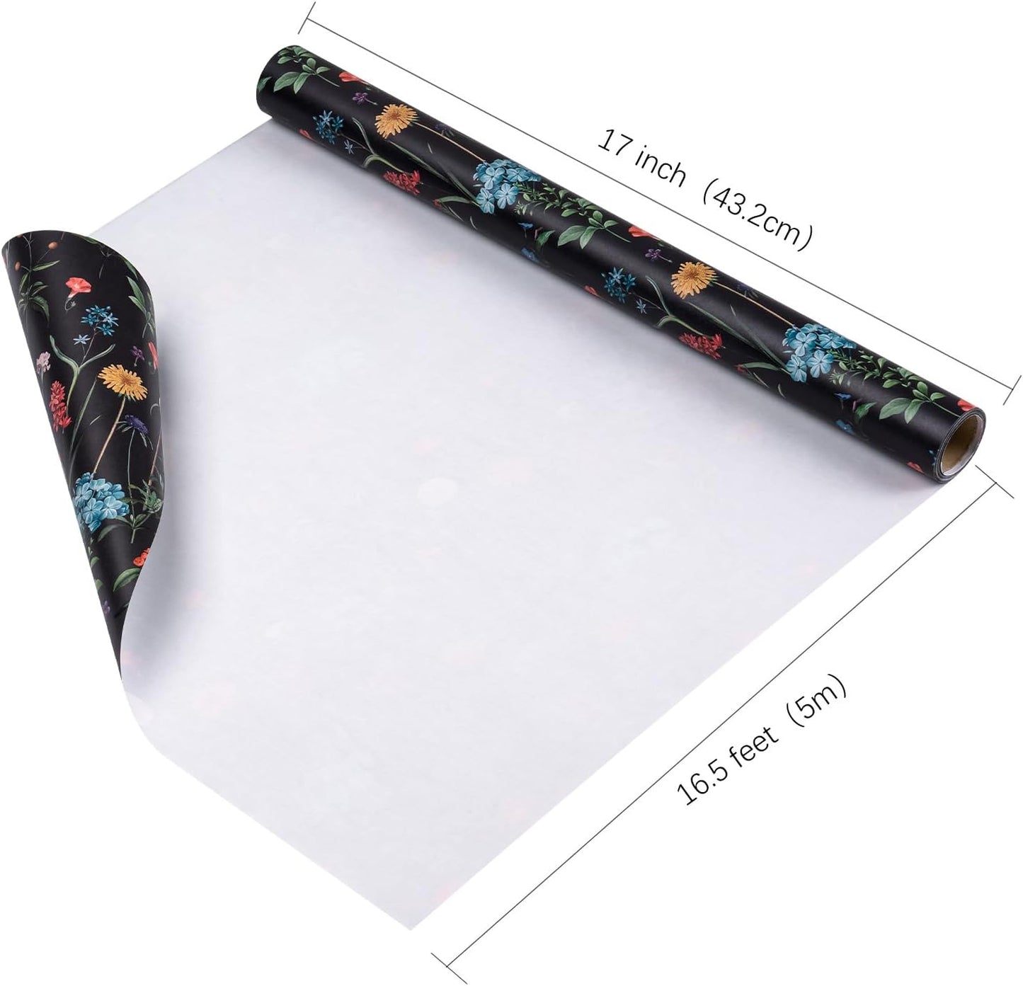 WRAPAHOLIC Kraft Wildflower Wrapping Paper - Mini Roll - 17 Inch x 16.5 Feet - Black Floral Wrapping Paper for Wedding, Birthday, Wedding, Bridal Shower, Drawer Liners, Tea Party