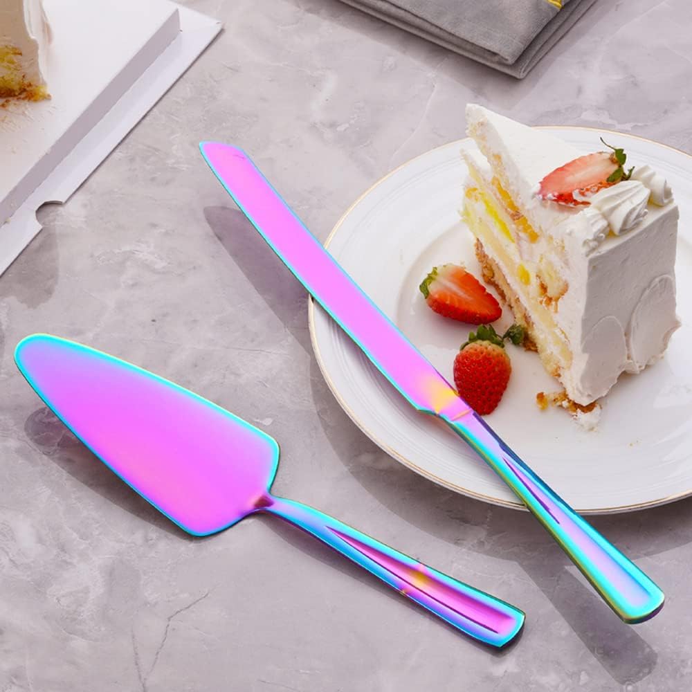 GoGeiLi Rainbow Cake Knife and Server Set, Colorful Stainless Steel Cake Cutting Set for Wedding, Birthday, Parties