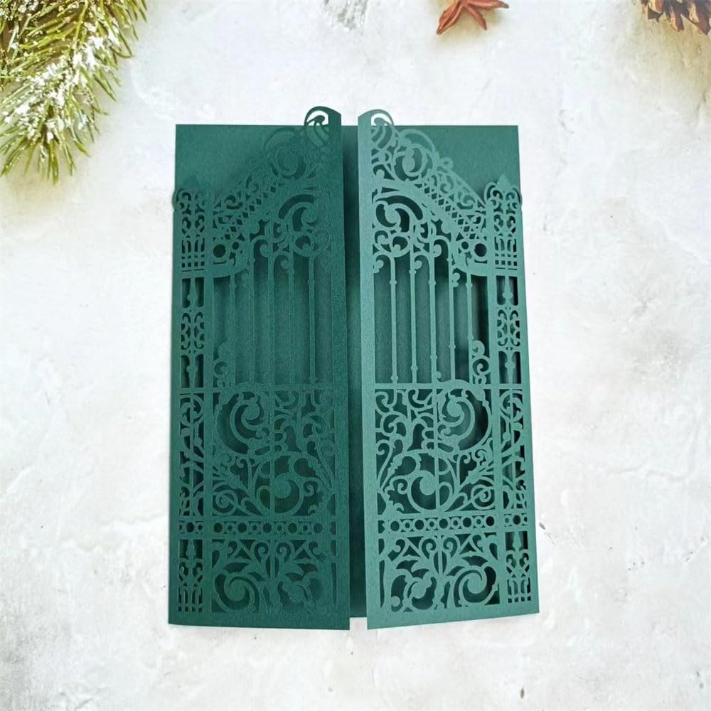 MillaSaw Dark Green Laser Cut Gate Invitation Sleeve DIY Wedding Invitation 25 Sets (dark green, 4.9"x7.1")