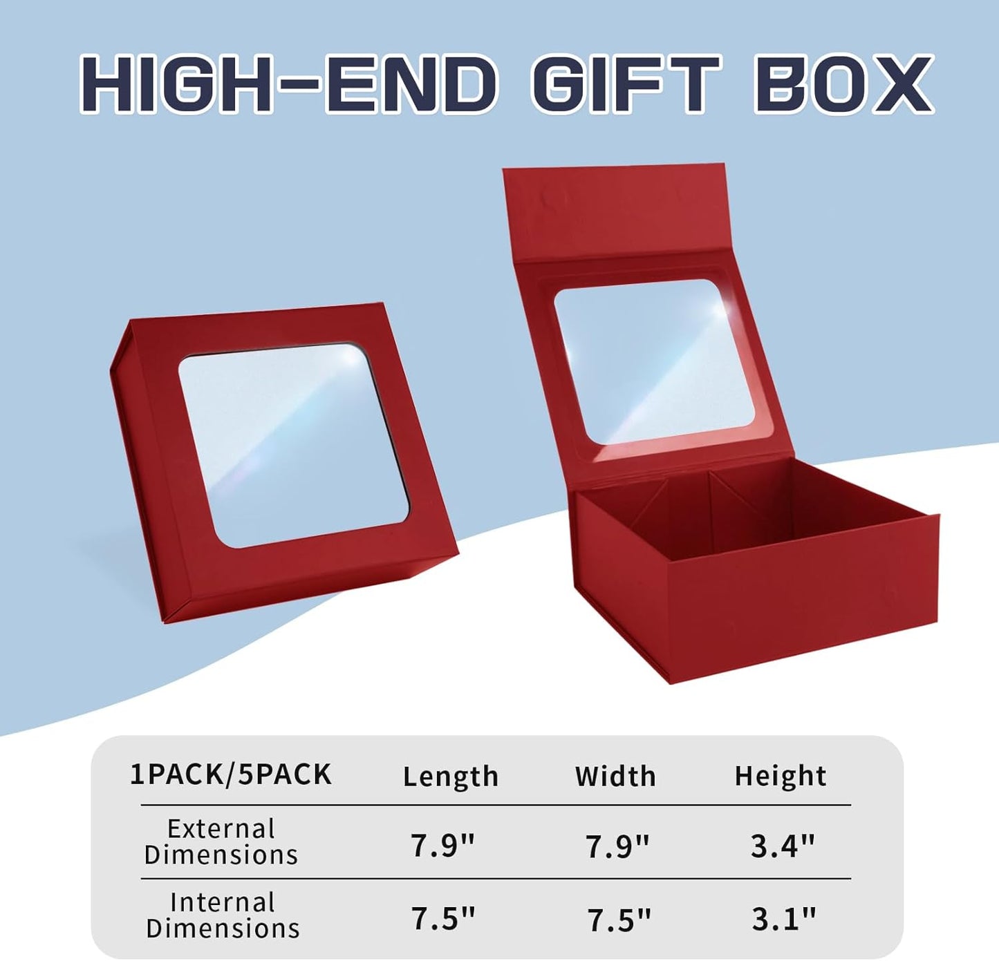 TIACABO Red Gift Box with Window,7.5"x7.5"x3.1" Bridesmaid Boxe for Gifts Giving,Birthday Gift Boxes with Magnetic,Closure Lid Gifts Boxes for Presents,Cute Box,Luxury for Gift Packaging