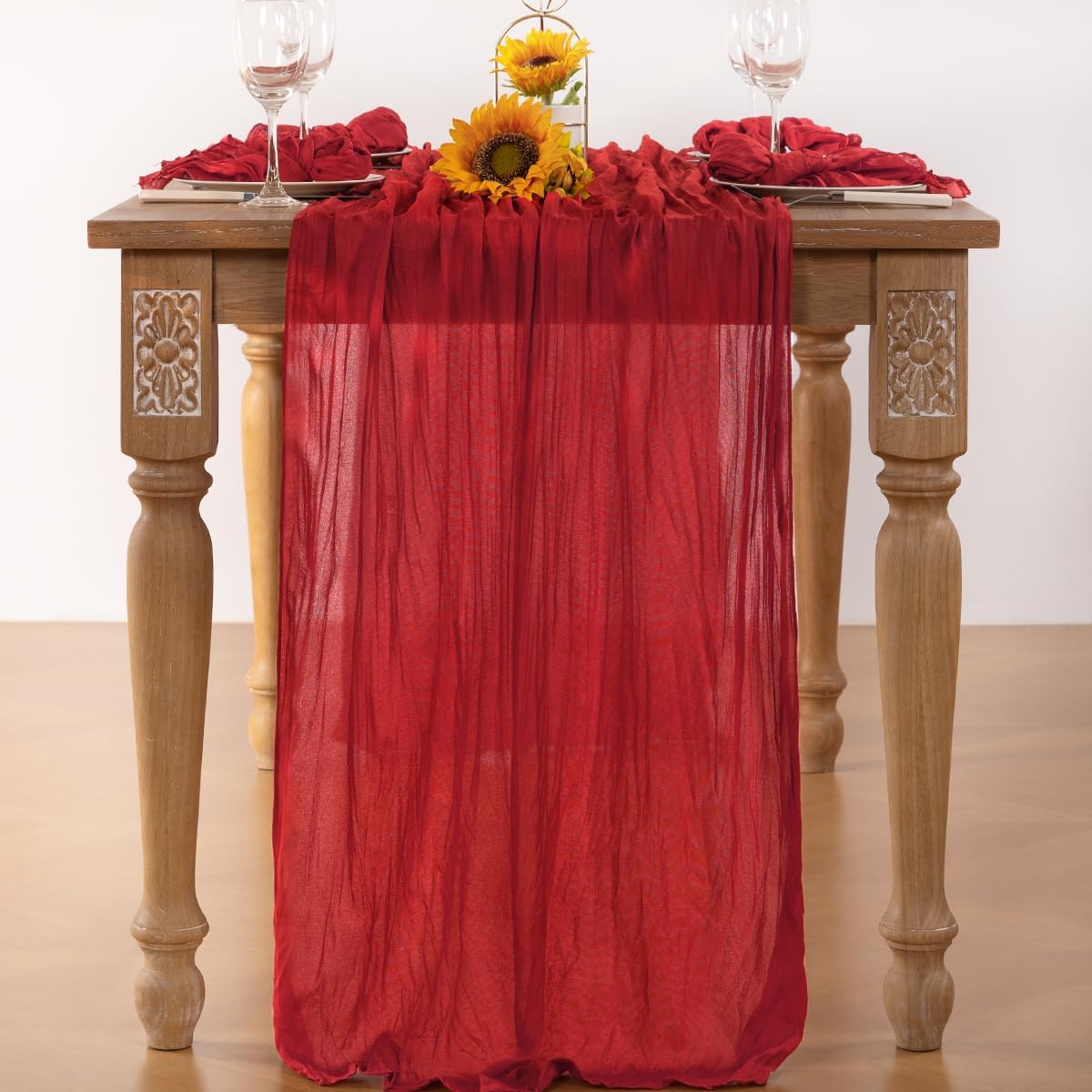 Red Cheesecloth Table Runner 4 Pack Fall Table Runners Boho Gauze 120 Inches Red Cheese Cloth Fall Table Decorations for Thanksgiving Weddings Bridal Baby Shower Candlelight Dinner Party