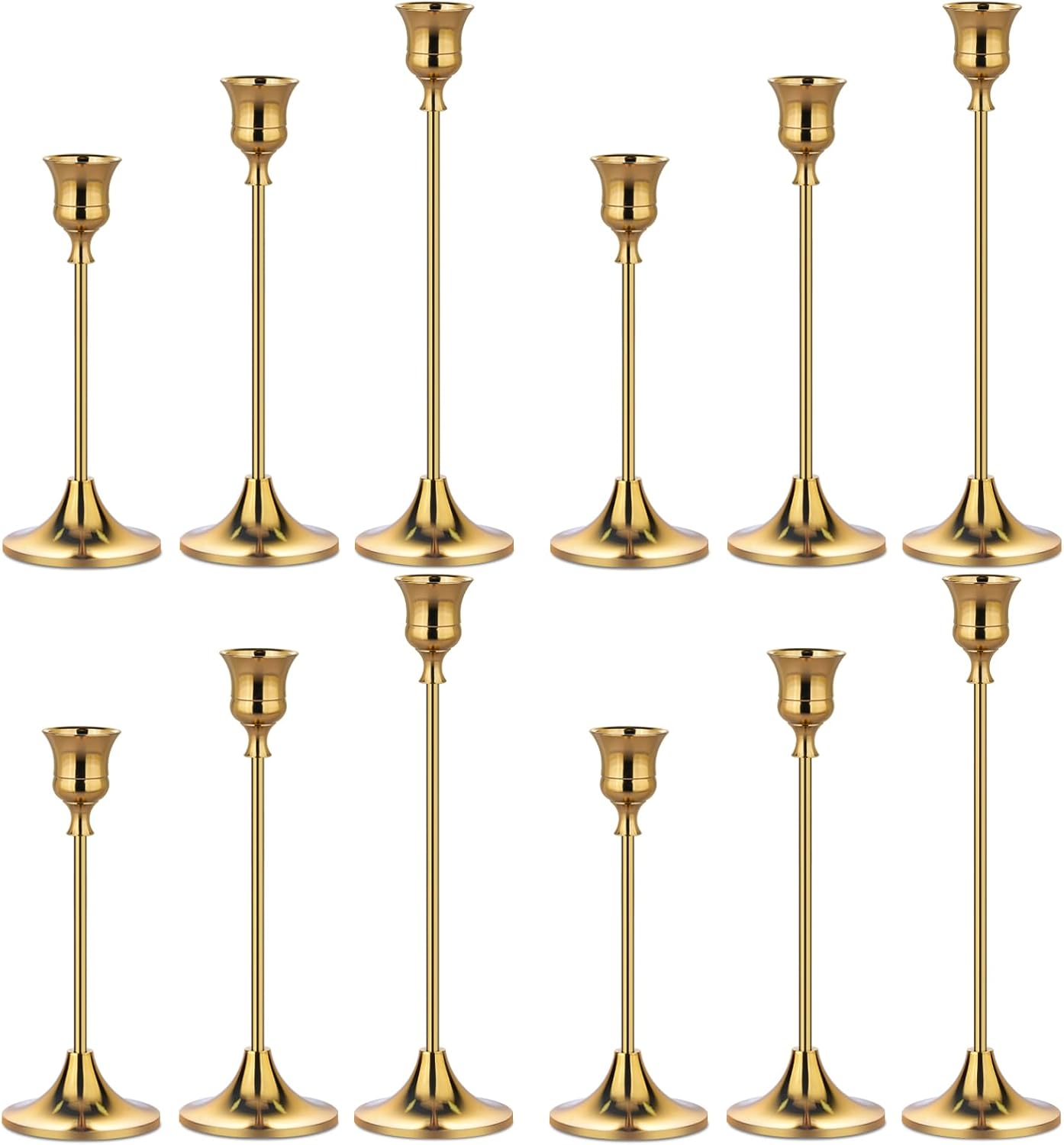 Metal Candle Holders for Candlesticks Taper Candlestick Holders Set Vintage Decorative Centerpiece Candelabra Tall Candle Stands for Halloween Thanksgiving Christmas (Gold, 4 Sets (12 pcs))