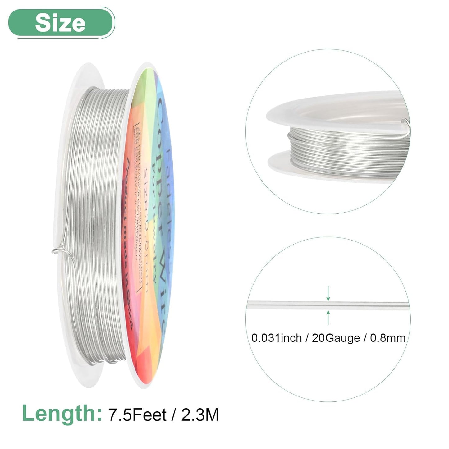 0.8 mm/20 Gauge Copper Wire for Jewelry Making, 7.5FT Copper Beading Craft Wire for Jewelry/Weaving/DIY Crafting/Planting, Color-Retaining [2.3 M, Bright Silver]