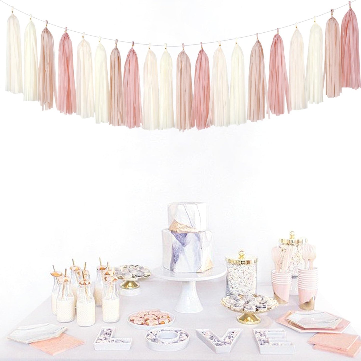 Champagne-Gold Beige Boho Party-Decorations Tassel-Garland - 20pc Fall Baby Shower Birthday Wedding Bridal Tassel,Autumn Engagement Bachelorette Banner Streamers,Neutral Rustic Backdrop Decor Panduola