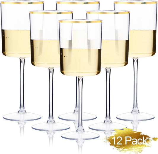 Ciaell 12 Pack Plastic Wine Glasses - 10 Oz Plastic Wine Glasses with Stem - Gold Rim Disposable Cups for Parties & Weddings & Poolside & Toasting & Outdoors & Thanksgiving