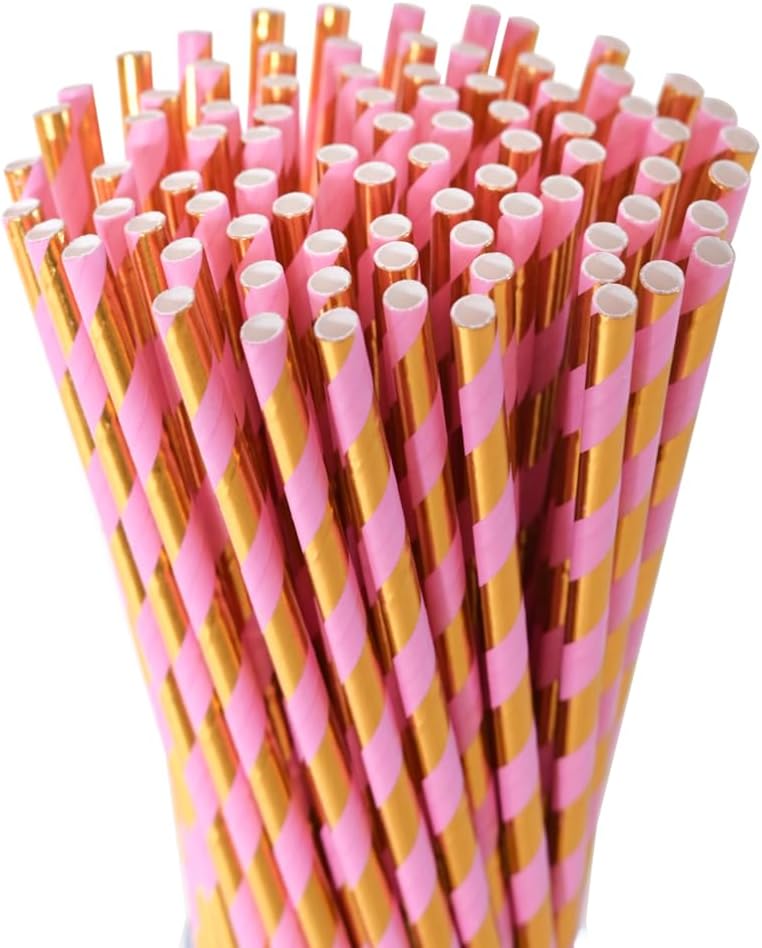 Paper Straws for drinking - Pink Gold Striped Biodegradable Disposable Paper Straws, 7.75 Inch, 100 Pieces