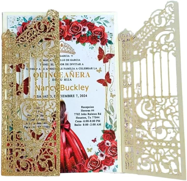 Glitter Laser Cut Gate Invitation Gold Castle For Wedding Valentine Birthday Quinceanera Sweet 16th 25 Sets (light rose gold glitter, 4.9"x7.1")
