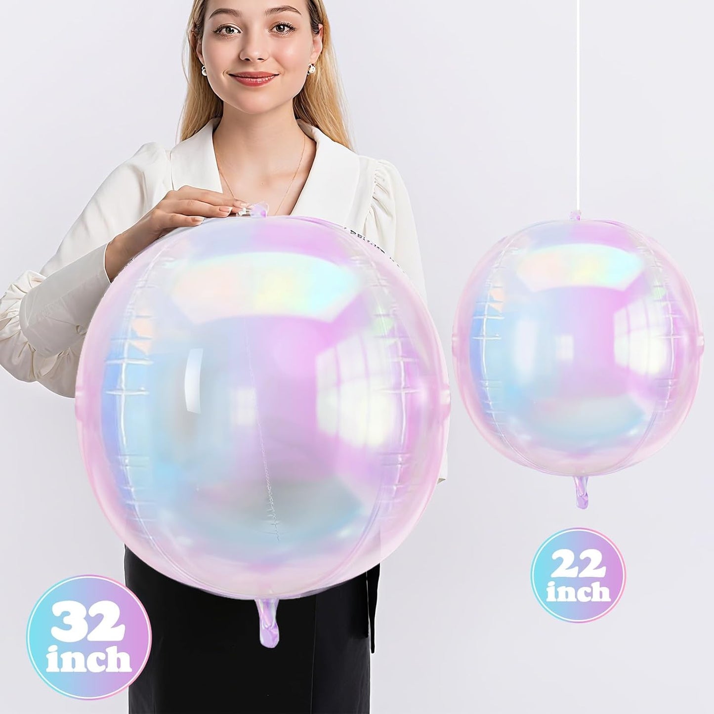 3Pcs Iridescent 4D Balloons, 32in Holographic Round Ball Balloon, Giant 4D Clear Rainbow Foil Balloon for Birthday Baby Shower Mermaid Rainbow Wedding Party Decorations