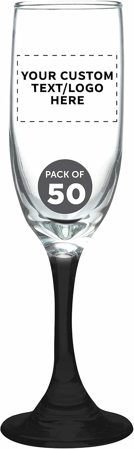 DISCOUNT PROMOS Custom Premiere Champagne Flutes 6.25 oz. Set of 50, Personalized Bulk Pack - Elegant Drinkware for Weddings, Events, & Promotional Gifts - Black