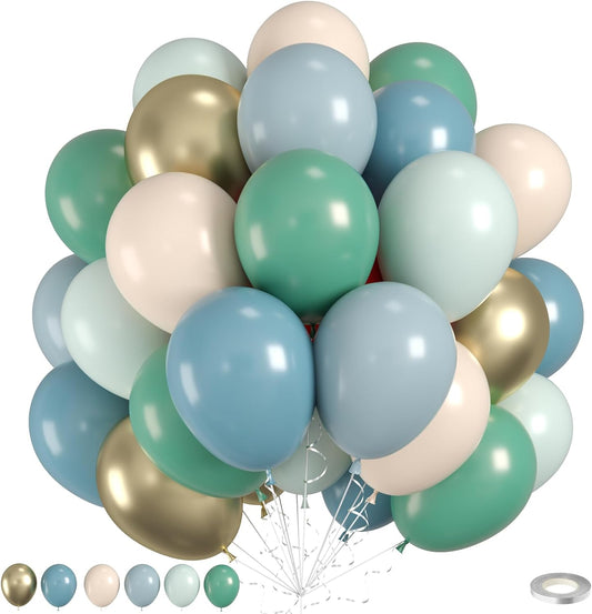 Sage Green Blue Balloons, 50pcs Dusty Green Blue Balloons, Double Stuffed Cream Balloon Champagne Gold Balloon For Birthday Baby Shower Party Wedding Bridal Shower Bachelorette Engagement Decorations