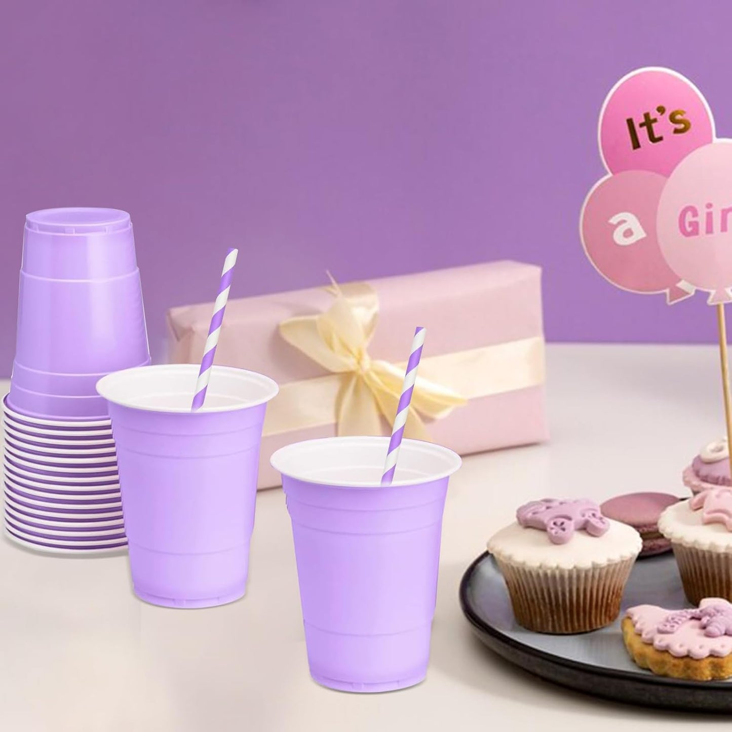 Disposable Purple Striped Party Paper Drinking Straws 100 Counts 7.75'' x 0.24'', Unwrapped, for Cocktail, Coffee, Water