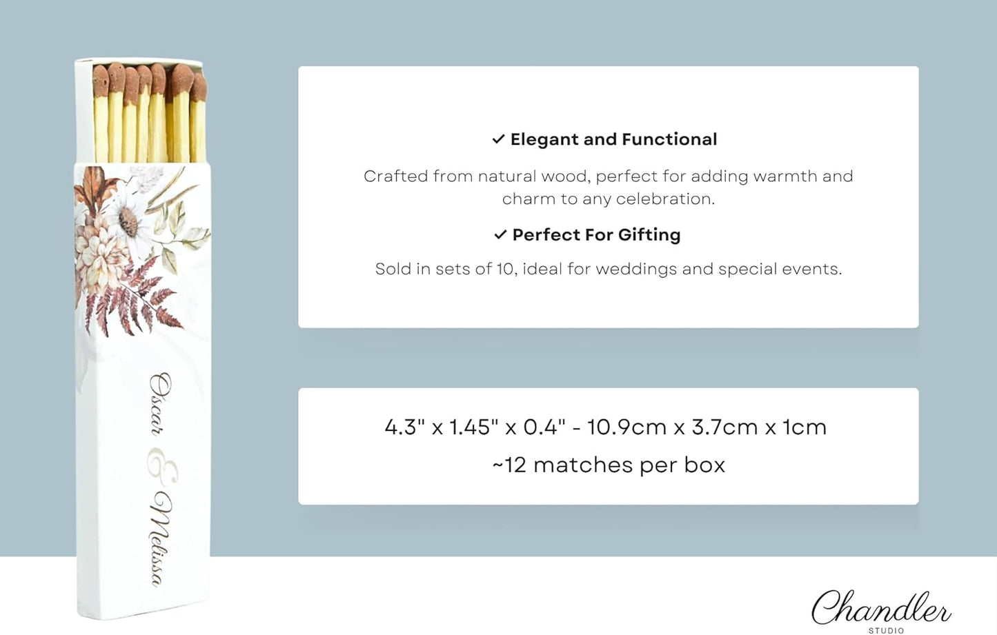 10 Boxes - Customized Matchboxes Colorful Tips (Wedding Design #5, 4" Matchboxes) (4" Matchsticks, Wedding Design #4)