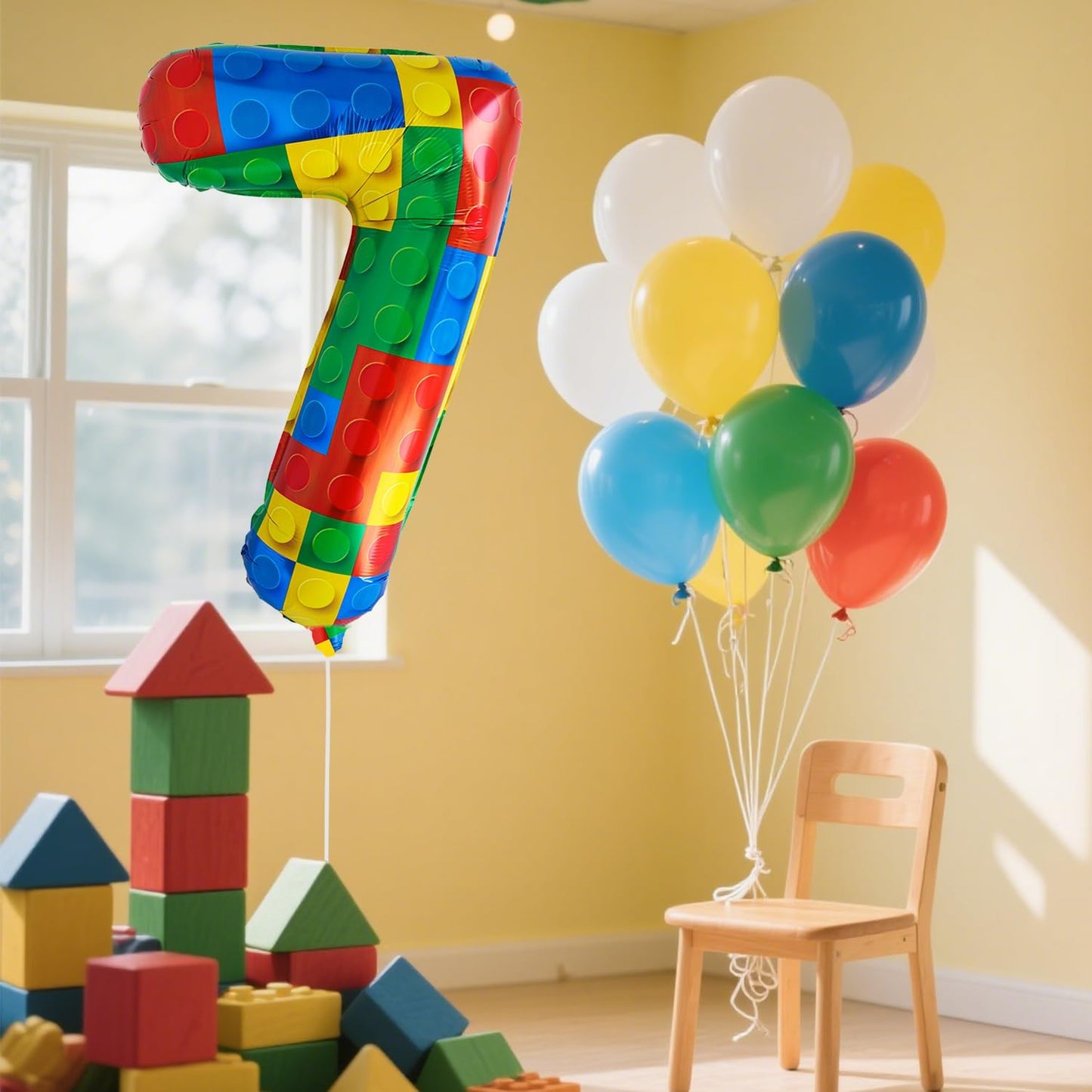 32 Inch Stackable Block Number 7 Balloon – Colorful Brick Building Themed Big Helium Digits for Kids Birthday Party Decorations (Building Block, Number 7)