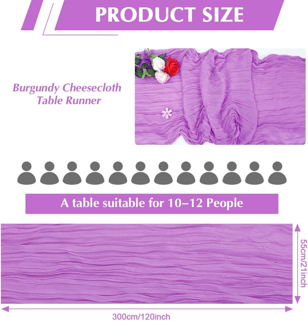 10 Pack Light Purple Cheesecloth Table Runner -21*120Inch Long Boho Wedding Table Decor, Rustic Gauze Fabric Runner for Bridal Showers, Baby Showers & Parties (Sheer, Lightweight, Wrinkled Design)