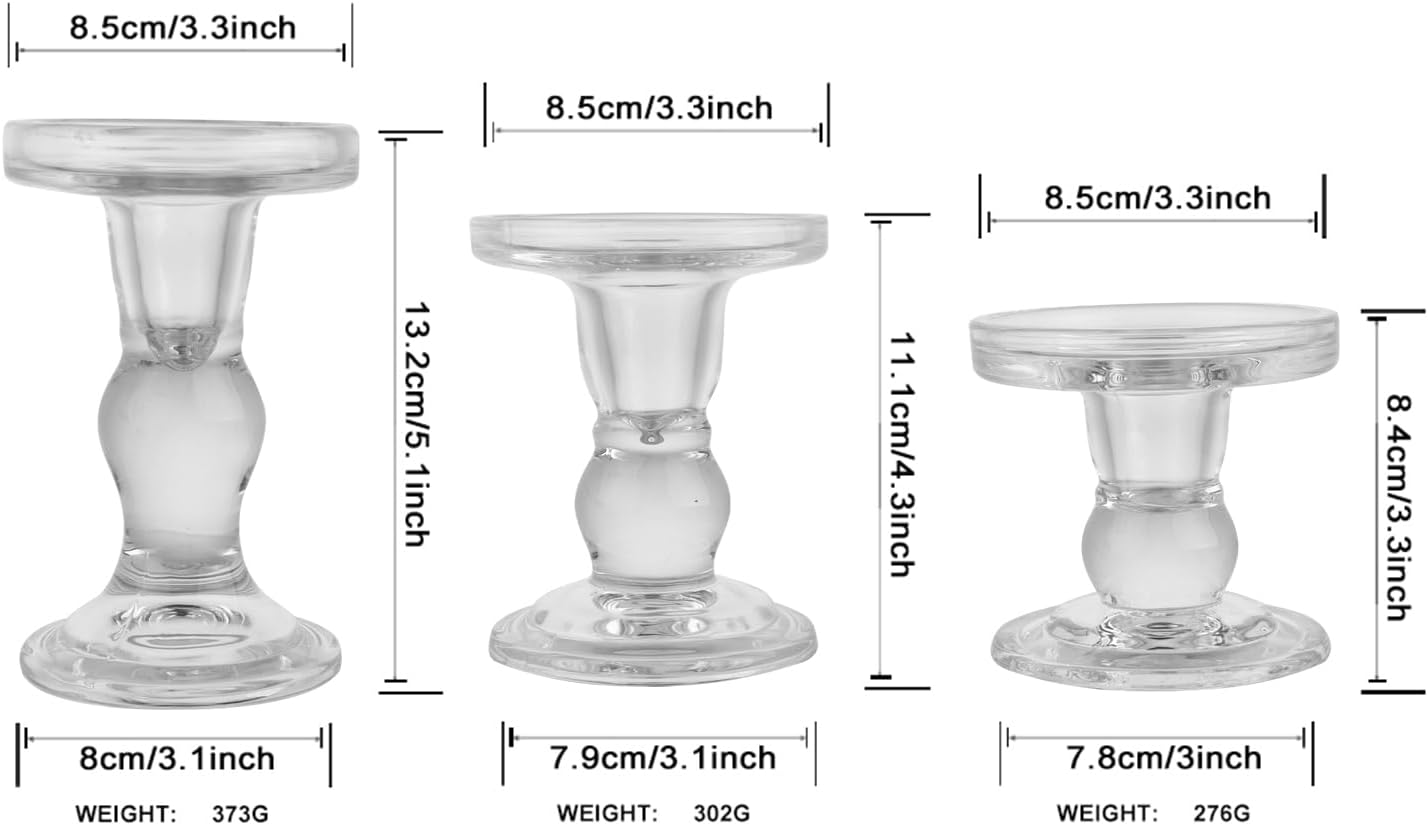 6-Piece Set of Glass Candlestick, Crystal Candlestick Holder Holder and Conical Candle, Christmas Candle Holder Decoration, Family Living Room Wedding Candle Holder (Clear 2sets)