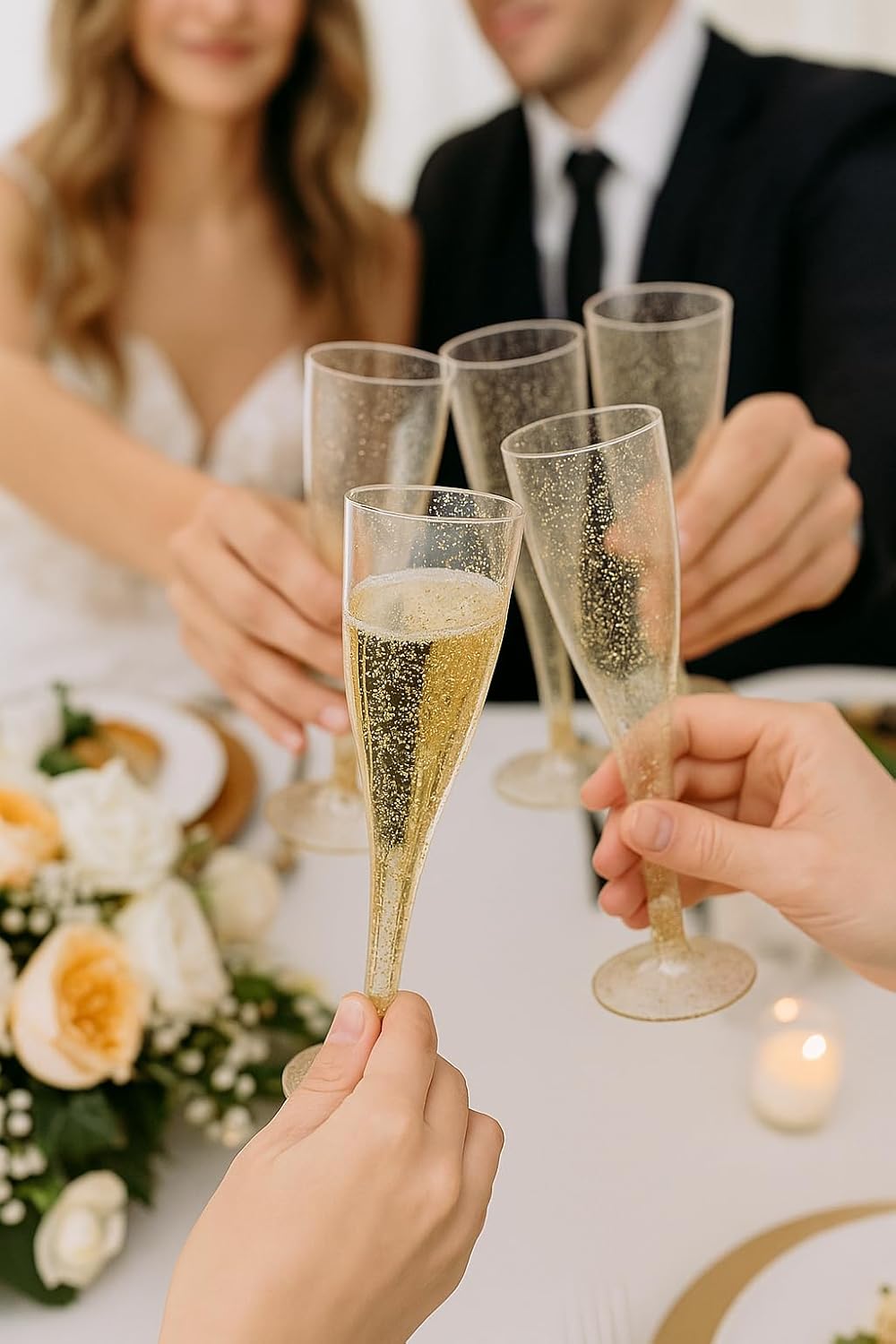 Oojami 90 Plastic 6.5 oz Disposable Champagne Flutes Ideal for Toasting, Wedding, Birthday, Baby Showers, Retirement, Celebration, Mimosa, Cocktails, Engagements, Birthday, Parties (Gold Glitter)