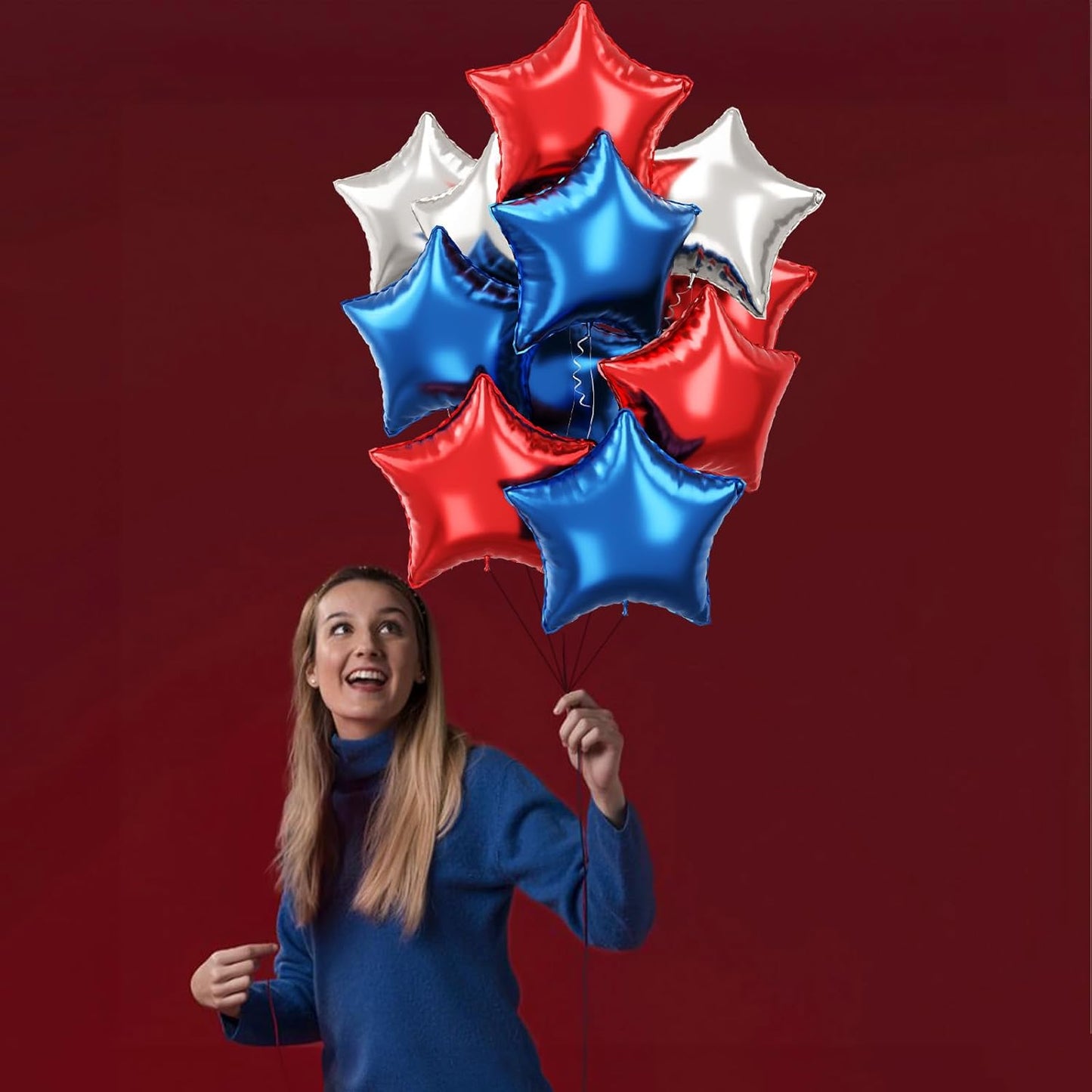 Blue Red Star Balloons, 18 Inch 12Pcs Navy Blue Red and Metallic Silver Stars Shape Foil Balloons, Helium Pentagram Balloon for Kids Cartoon Birthdays Graduation Baseball 4th of July Independence Day