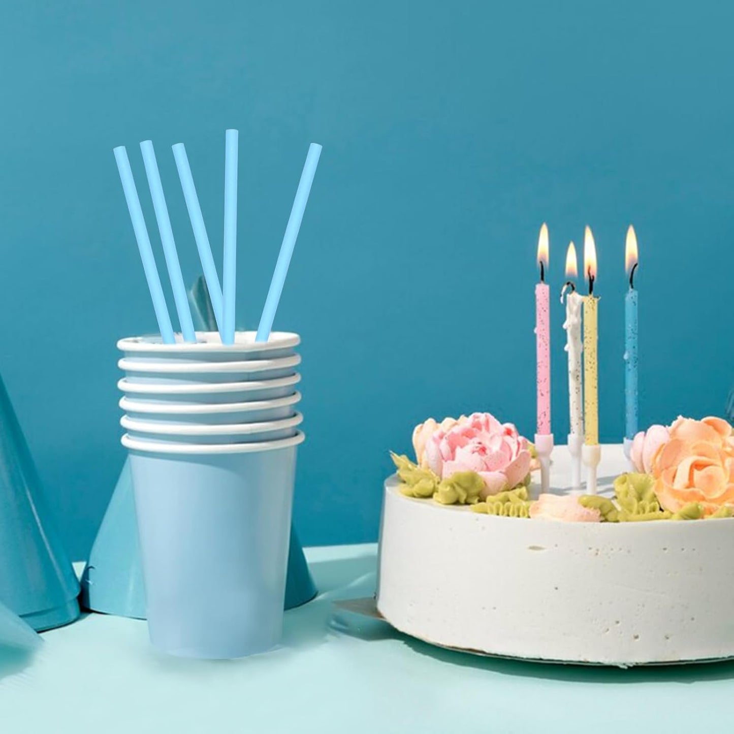 7.75'' x 0.24'' Disposable Solid Blue Unwrapped Paper Straws for Drinking 100 Counts - for Cocktail, Beverage, Cake Pops