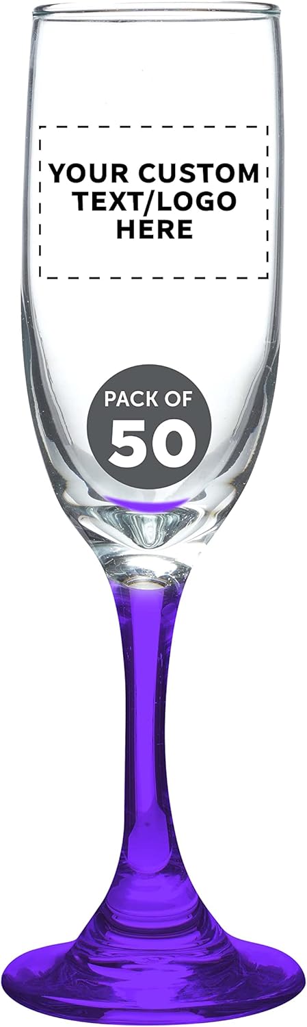 DISCOUNT PROMOS Custom Premiere Champagne Flutes 6.25 oz. Set of 50, Personalized Bulk Pack - Elegant Drinkware for Weddings, Events, & Promotional Gifts - Purple