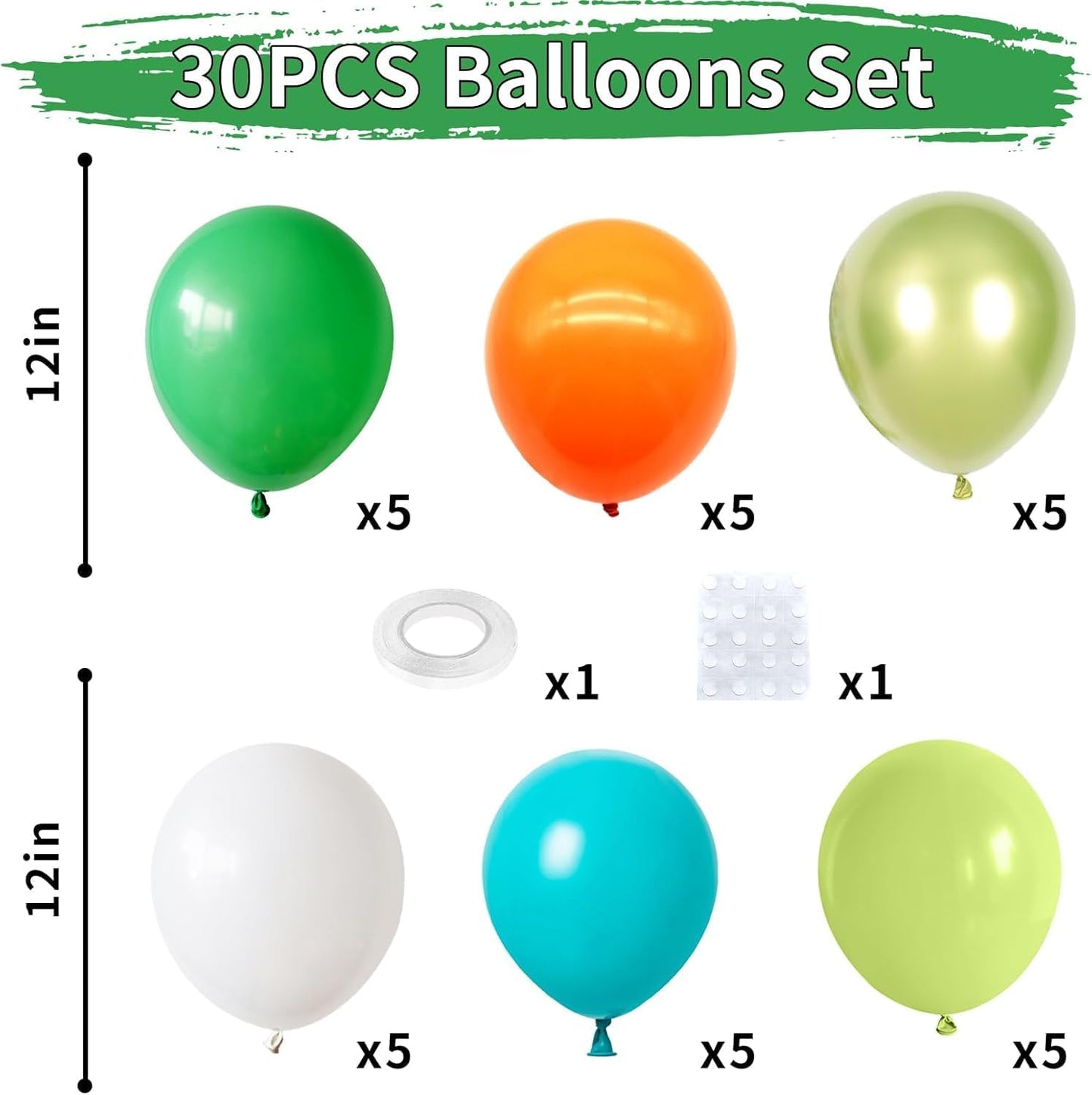 Orange Blue and Green Balloons, Assorted Latex Balloons, Orange Teal Turquoise Blue Fruit Green Metallic Green and White Party Balloon, for Dinosaur Safari Jungle Themed Birthday Party Decor