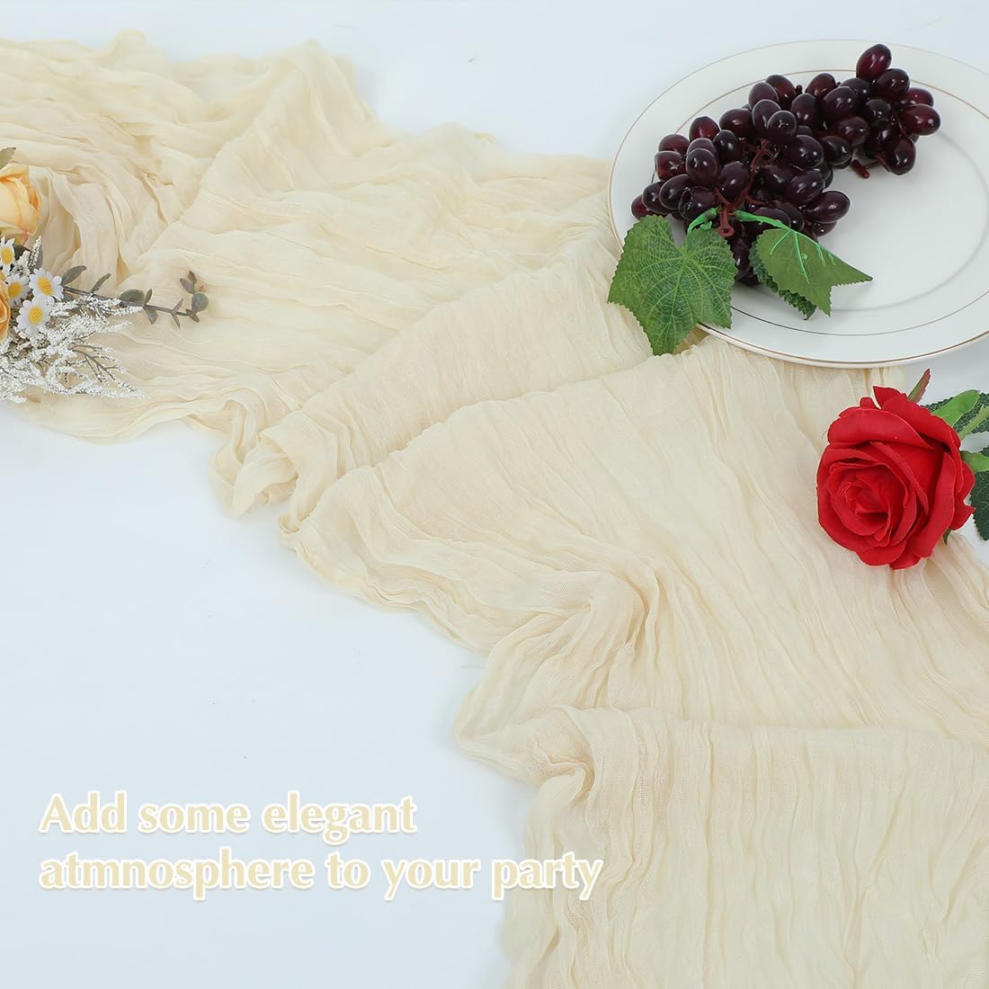 10 Pack Beige Cheesecloth Table Runner -21*120Inch Long Boho Wedding Table Decor, Rustic Gauze Fabric Runner for Bridal Showers, Baby Showers & Parties (Sheer, Lightweight, Wrinkled Design)
