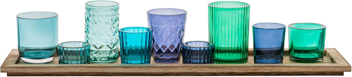 Creative Co-Op Wood Tray with 9 Blue & Green Glass Votive Holders