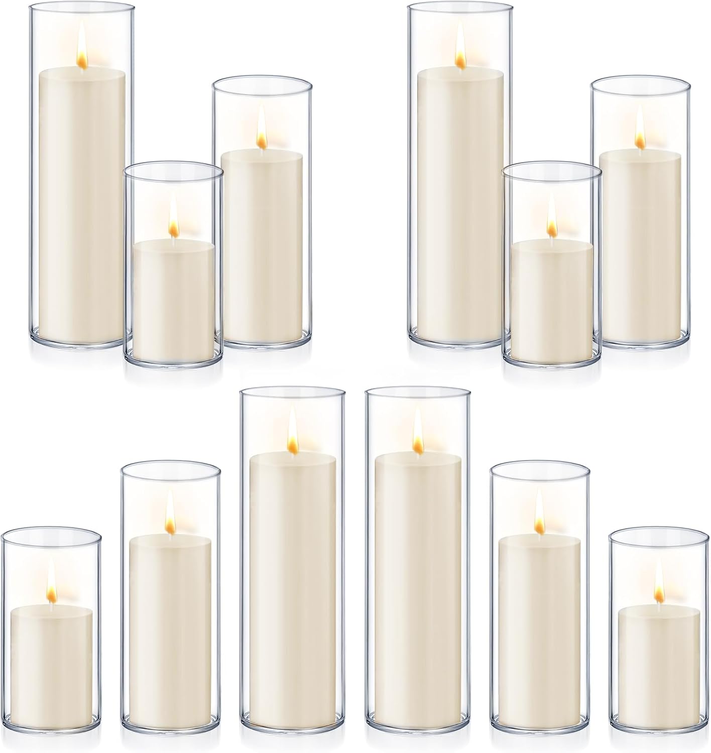 24 PCS Ivory White Pillar Candles with Glass Candle Holders Clear Hurricane Candle Holders Glass Cylinder Vases for Centerpieces Wedding Party, Event, Home Office (12 Candles+12 Candle Hoders)